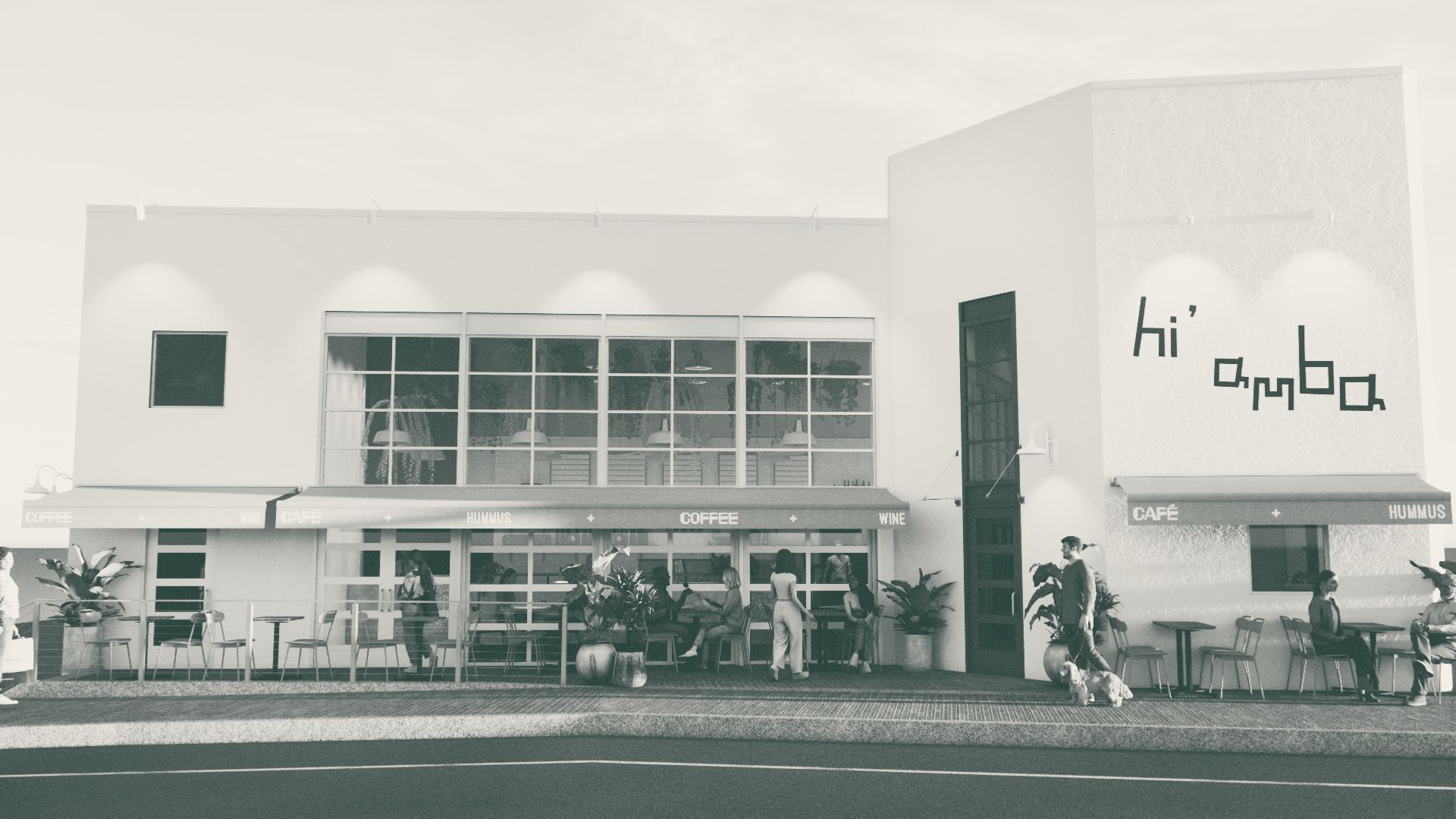 Monochrome rendering of the hi'amba building in Westport — pavement tables and planters under awnings reading Coffee, Wine, Café and Hummus.